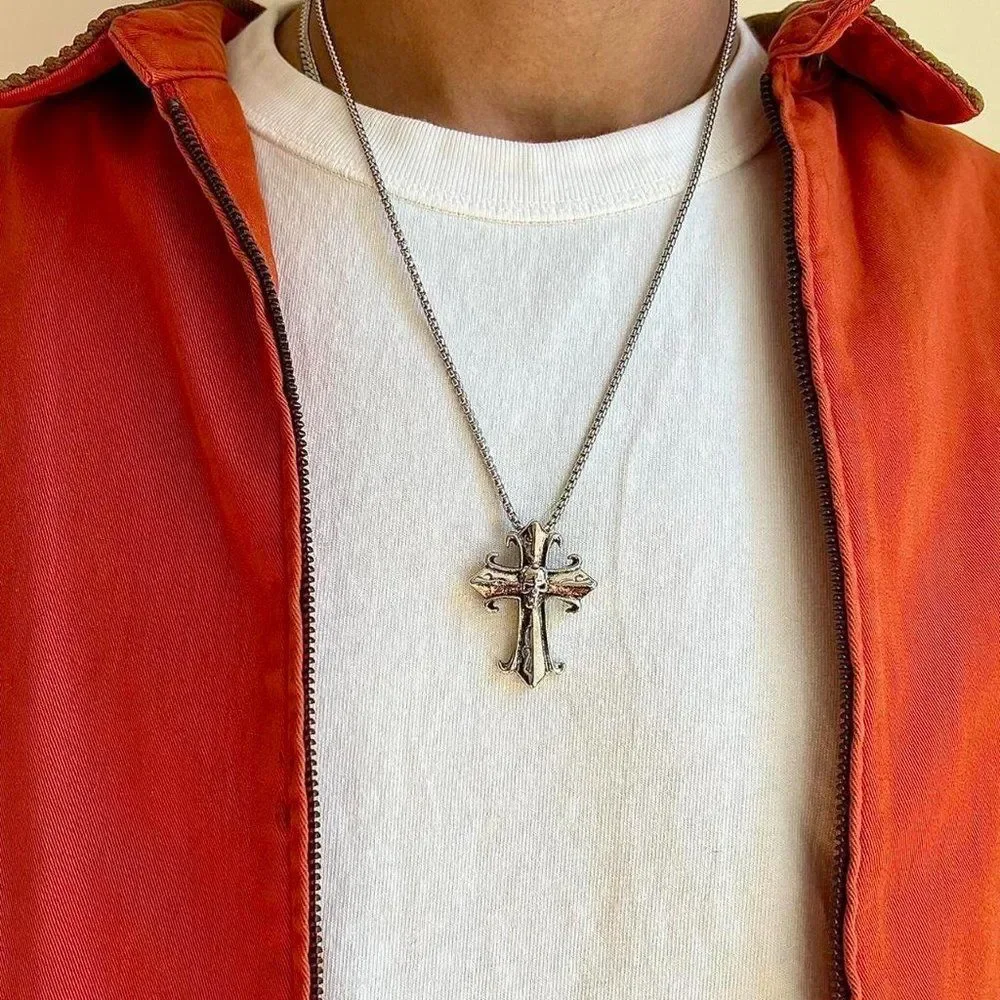y2k grunge chrome color silver cross skull pendant necklace